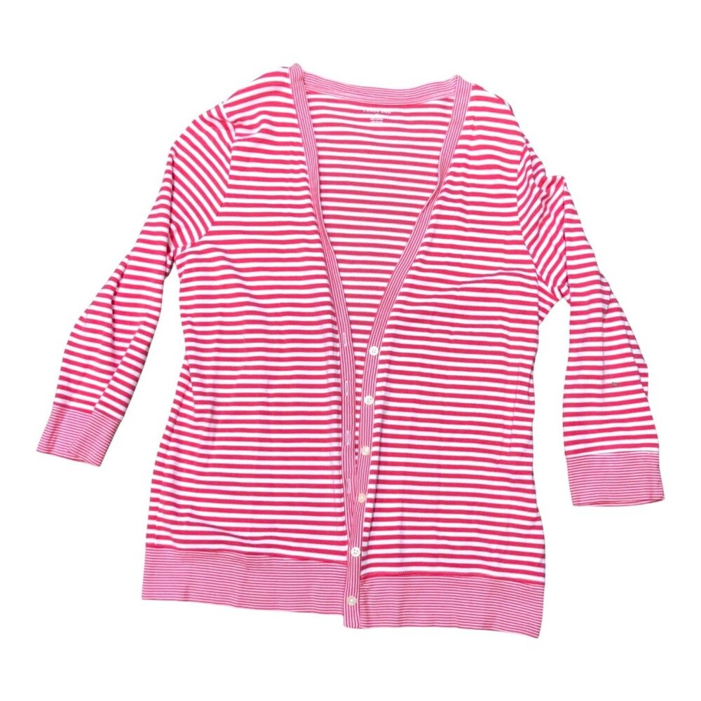 Lands End Striped Pink & White Cotton-Blend Button Cardigan Sweater Womens M